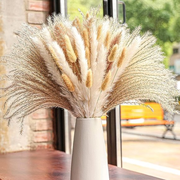 NEW 100 Pcs 17" Fluffy Neutral Pampas Grass Boho Home Decor Mixed Dried Bouquet - Picture 1 of 5